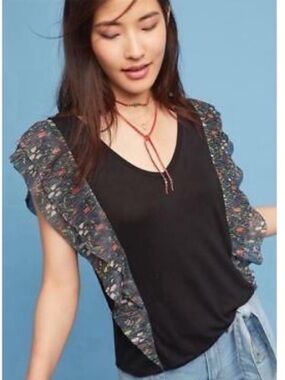 Anthropologie VANESSA VIRGINIA Black Indak Ruffle Flutter Sleeve Top Extra Small
